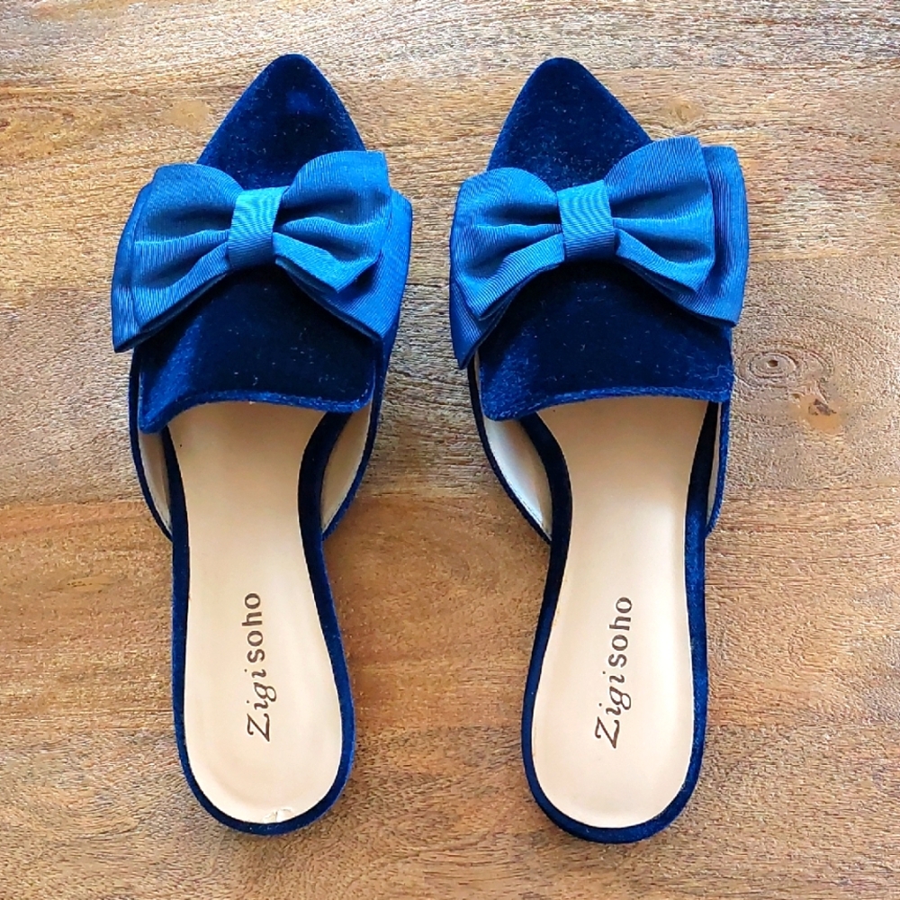 Zigisoho Blue Velvet Mules With Grosgrain Bows